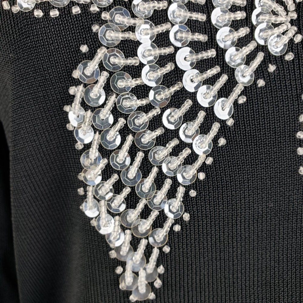 Lucia Burns Butterfly Tee Black Beaded Sequins Fitted Knit Top Large, Fits Med - Picture 3 of 8